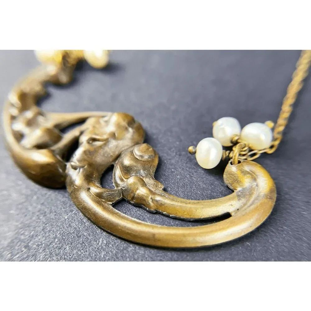 Artisan Dainty Art Nouveau Brass and Freshwater Pearl Necklace